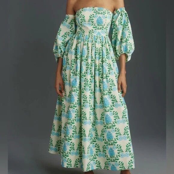 Anthropologie Hydrangea Dress Let Me Be XSP off shoulder long sleeve maxi floral - Picture 11 of 16